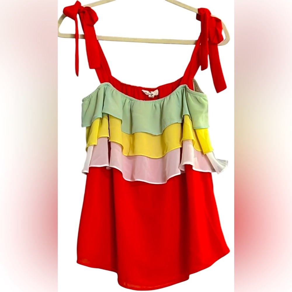 ENTRO Orange/Pastel Yellow/Mint Green/White Ruffle Tie Top, Size Small, GUC.